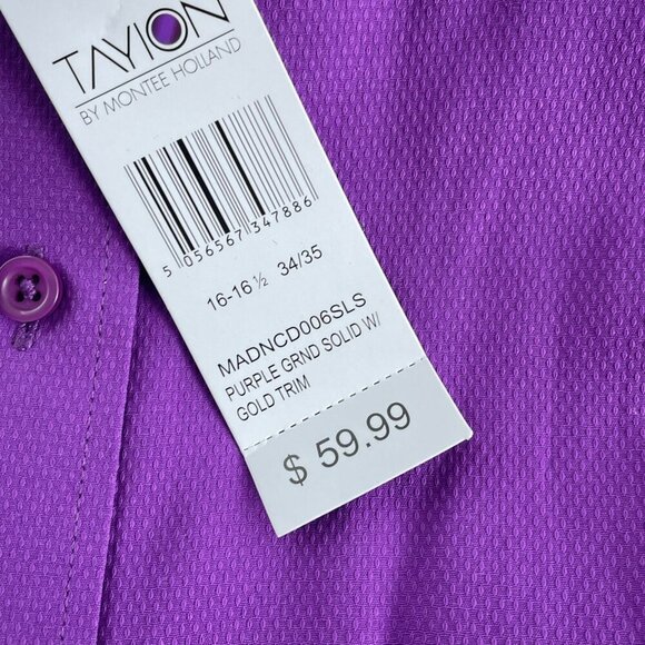 Mens Tayion Purple Dress Shirt L 16-16.5 34/35 Gold Trim Solid NWT 5793 - Picture 5 of 7